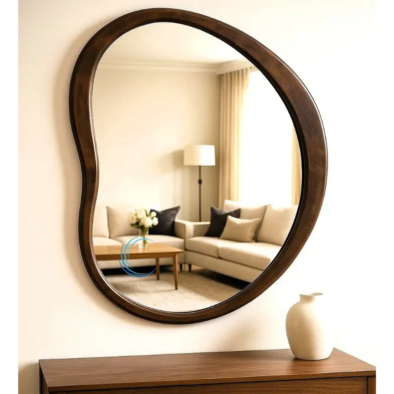 מראה אמורפית עם מסגרת עץ עבה גוון עץ כהה במידות 82, 92, 102 ס";מ