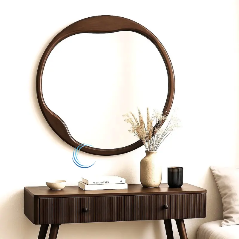 מראה עגולה עם מסגרת עץ עבה גוון עץ כהה בקוטר 60, 70, 80 ס";מ