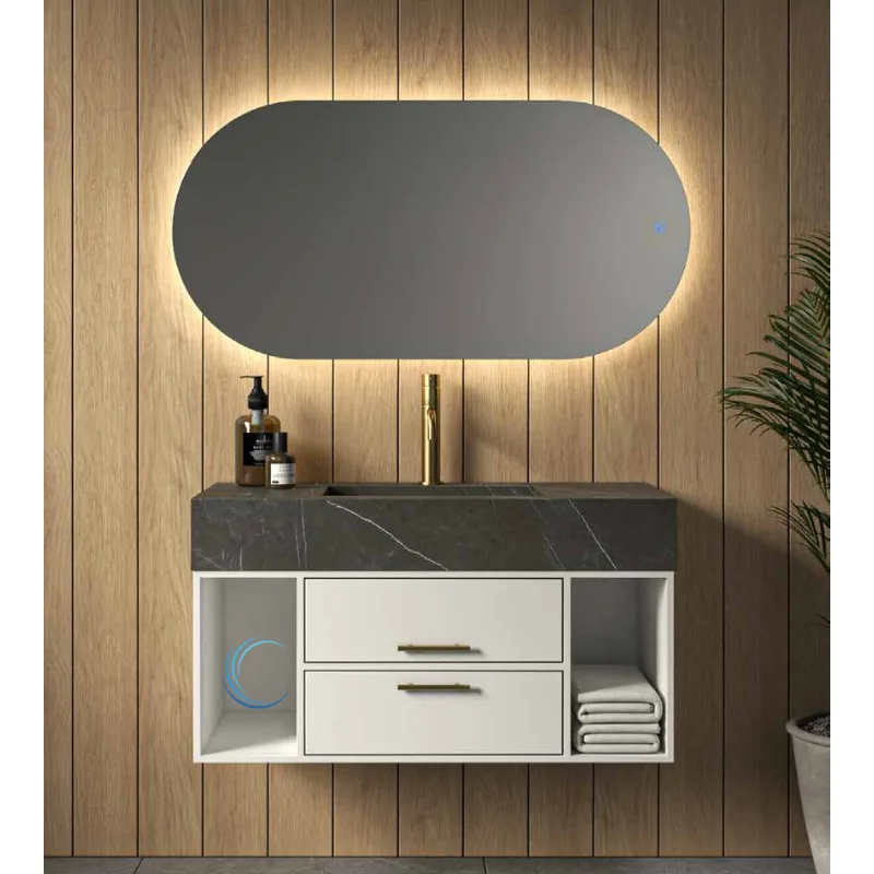 ארון אמבטיה תלוי נבדה **אספקה מיידית** משטח חרס אינטגרלי לבן מבריק