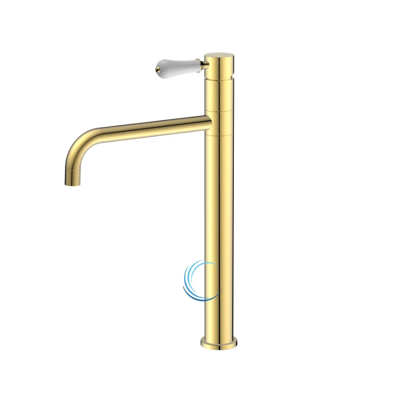 ברז פרח גבוה 1901 לכיור מונח בגוון זהב מבריק ידית חרס לבנה