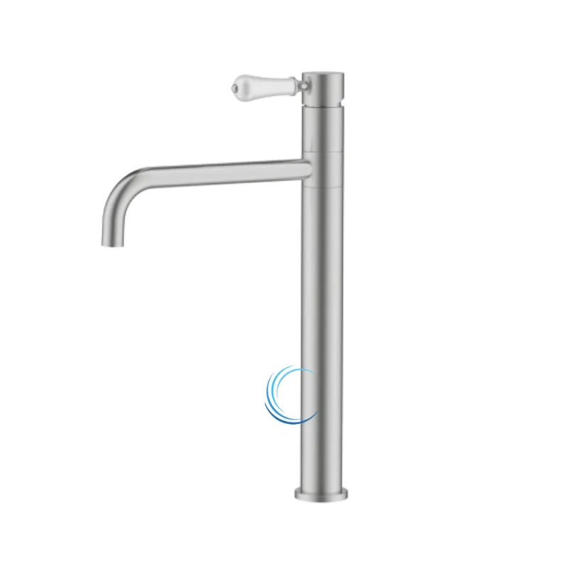 ברז פרח גבוה 1901 לכיור מונח בגוון ניקל מוברש ידית חרס לבנה