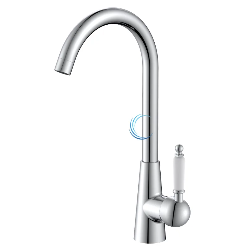 ברז נמוך 3613 לכיור אינטגרלי בגוון ניקל מבריק ידית חרס לבנה