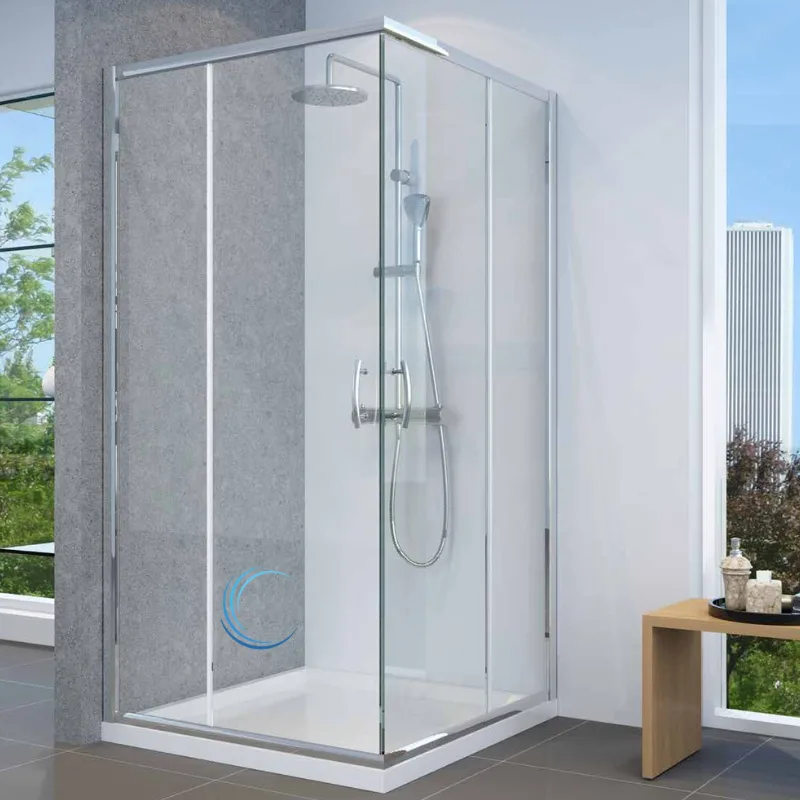 מקלחון סטנדרט הזזה פינתי 6 מ";מ פרופיל ניקל מבריק - 2דפנות קבועות ו 2 דלתות הזזה