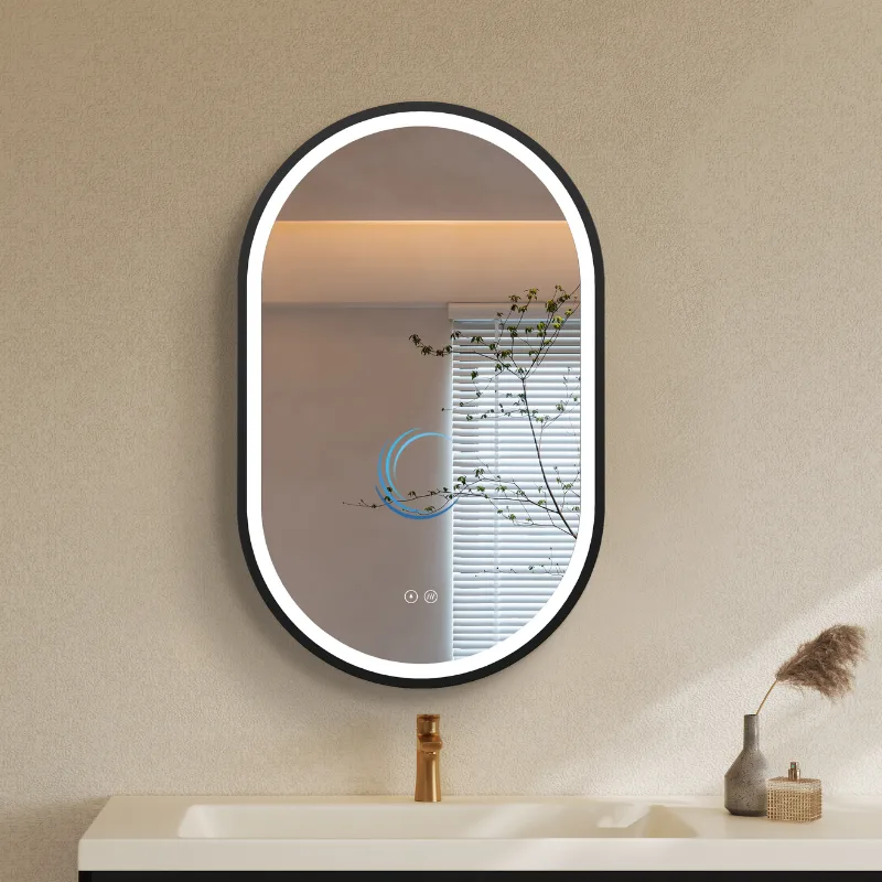 מראה אובלית עם תאורת לד מסגרת אלומיניום שחור מט במידה 50/80 ס״מ- מפשיר אדים