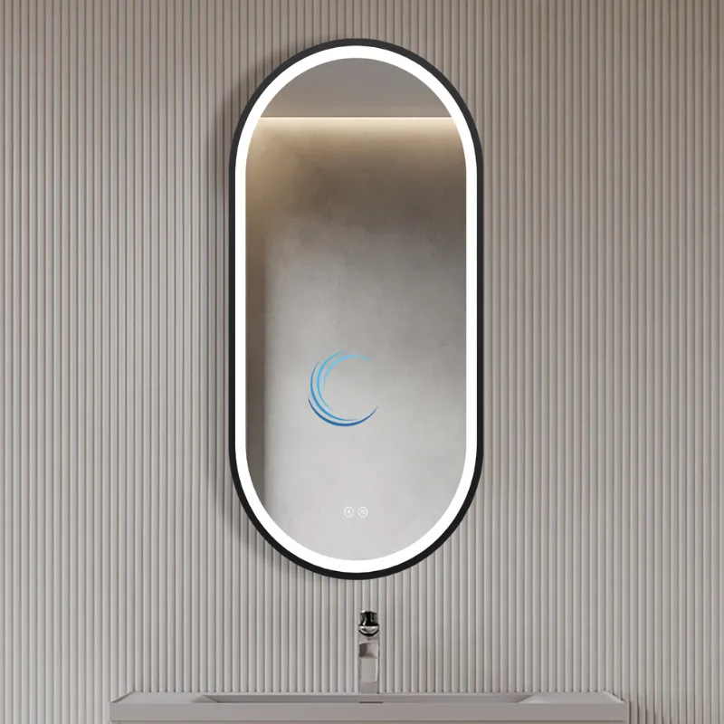 מראה אובלית עם תאורת לד מסגרת אלומיניום שחור מט במידה 50/100 ס״מ- מפשיר אדים