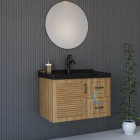 ארון אמבטיה תלוי עץ טורינו **אספקה מיידית** משטח חרס אינטגרלי לבן מבריק