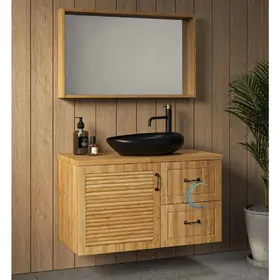 ארון אמבטיה תלוי עץ טורינו **אספקה מיידית** משטח בוצ'ר וכיור מונח לבן