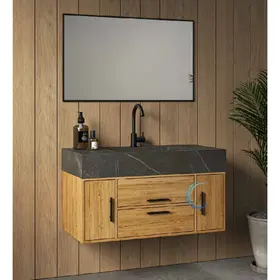 ארון אמבטיה תלוי עץ טקסס **אספקה מיידית** משטח חרס אינטגרלי לבן מבריק