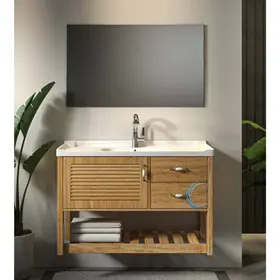 ארון אמבטיה תלוי עץ לורטו **אספקה מיידית** משטח חרס אינטגרלי לבן מבריק