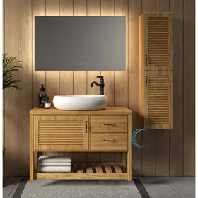 ארון אמבטיה תלוי עץ לורטו **אספקה מיידית** משטח בוצ'ר וכיור מונח לבן