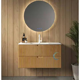 ארון אמבטיה תלוי עץ ליברפול **אספקה מיידית** משטח חרס אינטגרלי לבן מבריק