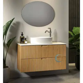 ארון אמבטיה תלוי עץ ליברפול **אספקה מיידית** משטח בוצ'ר וכיור מונח לבן