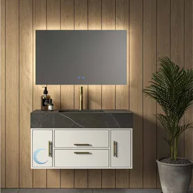 ארון אמבטיה תלוי טקסס **אספקה מיידית** משטח חרס אינטגרלי לבן מבריק