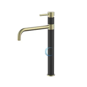 ברז פרח גבוה 1201 לכיור מונח בגוון שחור מט בשילוב פיה זהב מט ידית סטיק