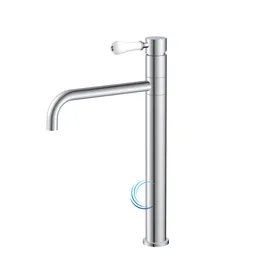 ברז פרח גבוה 1901 לכיור מונח בגוון ניקל מבריק ידית חרס לבנה