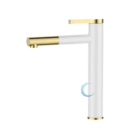 ברז פרח גבוה 5403 לכיור מונח בגוון לבן מבריק בשילוב זהב מבריק