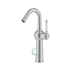 ברז פרח גבוה ברבור 6421 לכיור מונח בגוון ניקל מוברש ידית חרס לבנה