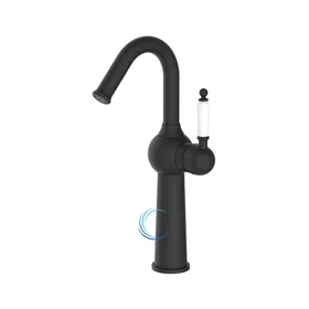 ברז פרח גבוה ברבור 6421 לכיור מונח בגוון שחור מט ידית חרס לבנה