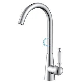 ברז נמוך 3613 לכיור אינטגרלי בגוון ניקל מבריק ידית חרס לבנה