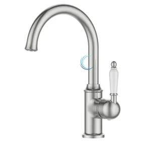 ברז מעוצב לכיור שקוע ניקל מוברש ידית חרס לבנה