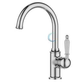 ברז מעוצב לכיור שקוע ניקל מבריק ידית חרס לבנה