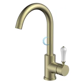 ברז נמוך לכיור אינטגרלי זהב מט ידית חרס לבנה