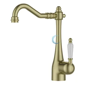 ברז פרח ענתיק לכיור שקוע זהב מט ידית חרס לבנה