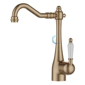 ברז פרח ענתיק לכיור שקוע רוז גולד מט ידית חרס לבנה