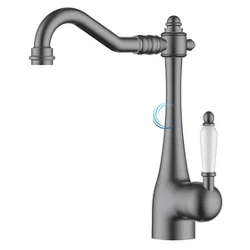 ברז פרח ענתיק לכיור שקוע אפור גרפיט ידית חרס לבנה