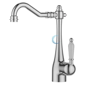 ברז פרח ענתיק לכיור שקוע ניקל מבריק ידית חרס לבנה
