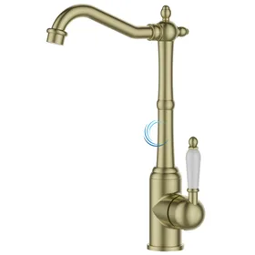 ברז פרח ענתיק לכיור שקוע זהב מט ידית חרס לבנה