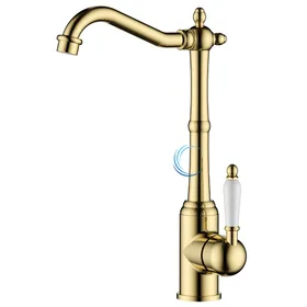 ברז פרח ענתיק לכיור שקוע זהב מבריק ידית חרס לבנה