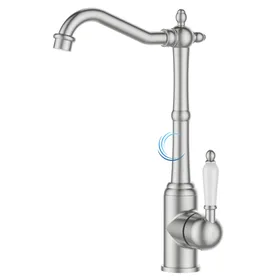 ברז פרח ענתיק לכיור שקוע ניקל מוברש ידית חרס לבנה