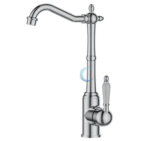 ברז פרח ענתיק לכיור שקוע ניקל מבריק ידית חרס לבנה