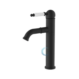 ברז פרח נמוך לכיור אינטגרלי שחור מט ידית חרס לבנה