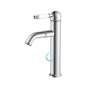 ברז פרח נמוך לכיור אינטגרלי ניקל מבריק ידית חרס לבנה