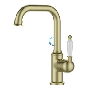 ברז נמוך לכיור אינטגרלי זהב מט ידית חרס לבנה