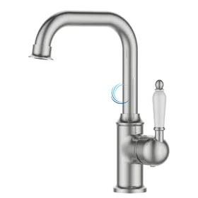 ברז נמוך לכיור אינטגרלי ניקל מוברש ידית חרס לבנה