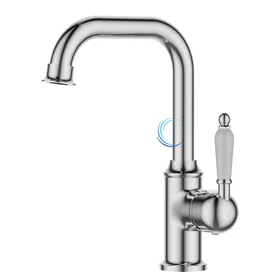 ברז נמוך לכיור אינטגרלי ניקל מבריק ידית חרס לבנה