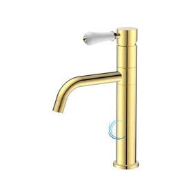 ברז נמוך לכיור שקוע מסתובב זהב מבריק ידית חרס לבנה