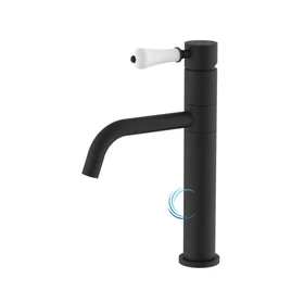 ברז נמוך לכיור שקוע מסתובב שחור מט ידית חרס לבנה