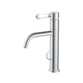 ברז נמוך לכיור שקוע מסתובב ניקל מבריק ידית חרס לבנה