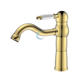 ברז פרח ענתיק לכיור אינטגרלי זהב מבריק ידית חרס לבנה