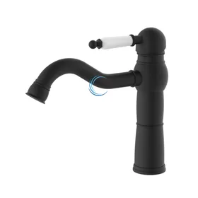 ברז פרח ענתיק לכיור אינטגרלי שחור מט ידית חרס לבנה