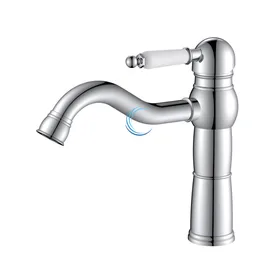 ברז פרח ענתיק לכיור אינטגרלי ניקל מבריק ידית חרס לבנה