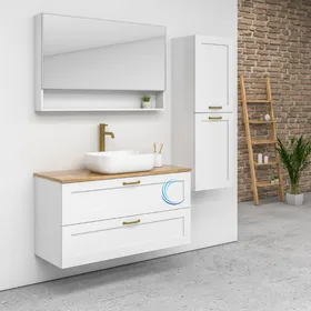 ארון אמבטיה תלוי מעוצב לואי בגוון אפוקסי משטח בוצ'ר וכיור מונח חרס