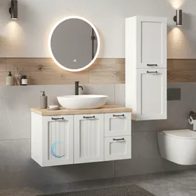 ארון אמבטיה תלוי מעוצב היילי בגוון אפוקסי משטח בוצ'ר וכיור מונח חרס