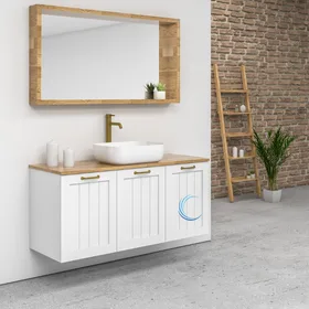 ארון אמבטיה תלוי מעוצב יולי בגוון אפוקסי משטח בוצ'ר וכיור מונח חרס