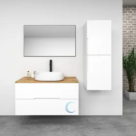 ארון אמבטיה תלוי מעוצב אריאל בגוון אפוקסי משטח בוצ'ר וכיור מונח חרס