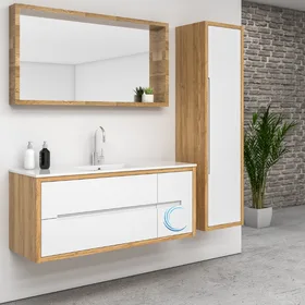 ארון אמבטיה תלוי יוקרתי ניל בגוון אפוקסי בשילוב עץ משטח חרס אינטגרלי שקוע